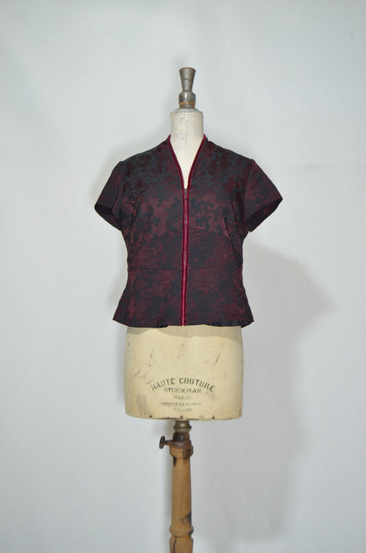 "Jacqueline Riu" Red Burgundy Silky Chinese Floral ToP