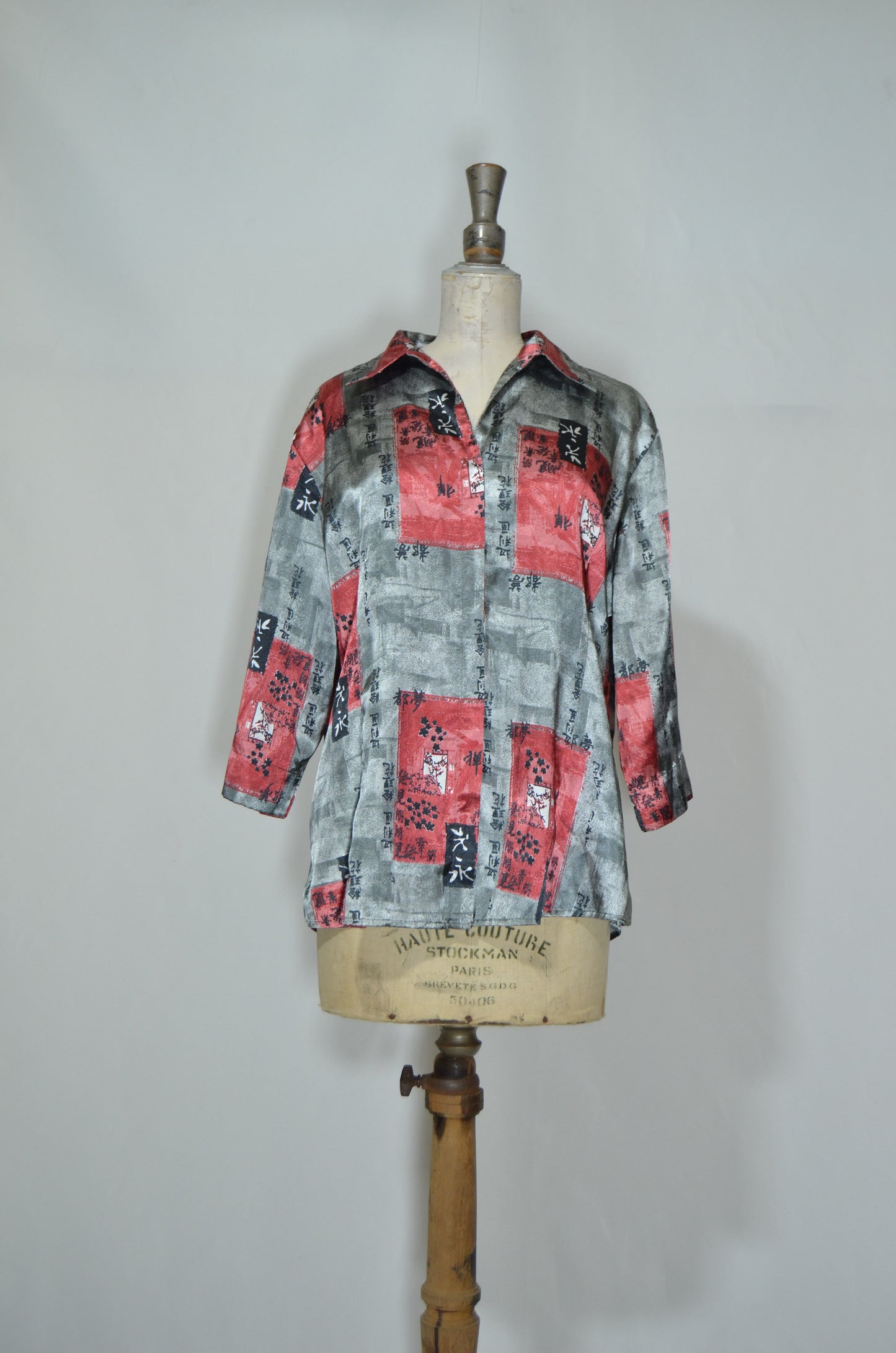 Grey & Red Silky Flowy Chinese Shirt