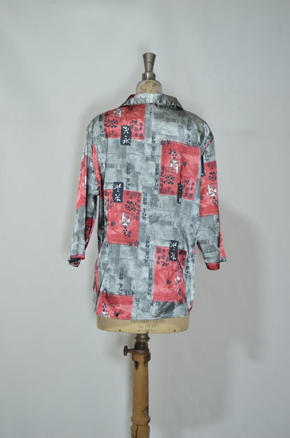 Grey & Red Silky Flowy Chinese Shirt