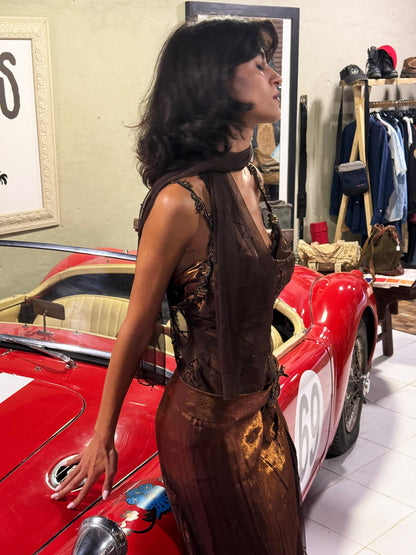 Bronze Sheer Beaded 3-Piece Maxi Dress Set