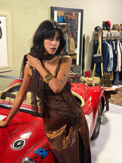 Bronze Sheer Beaded 3-Piece Maxi Dress Set