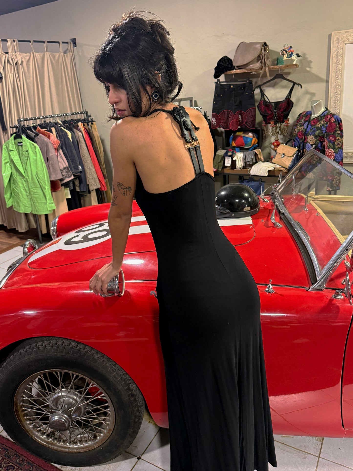 Vintage Leather Strap Maxi Dress
