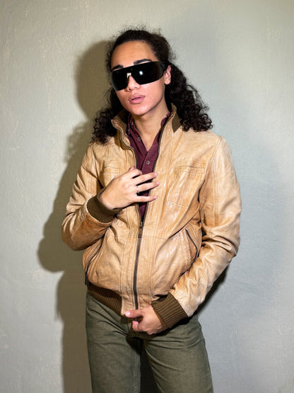 Vintage Beige Leather Bomber Jacket