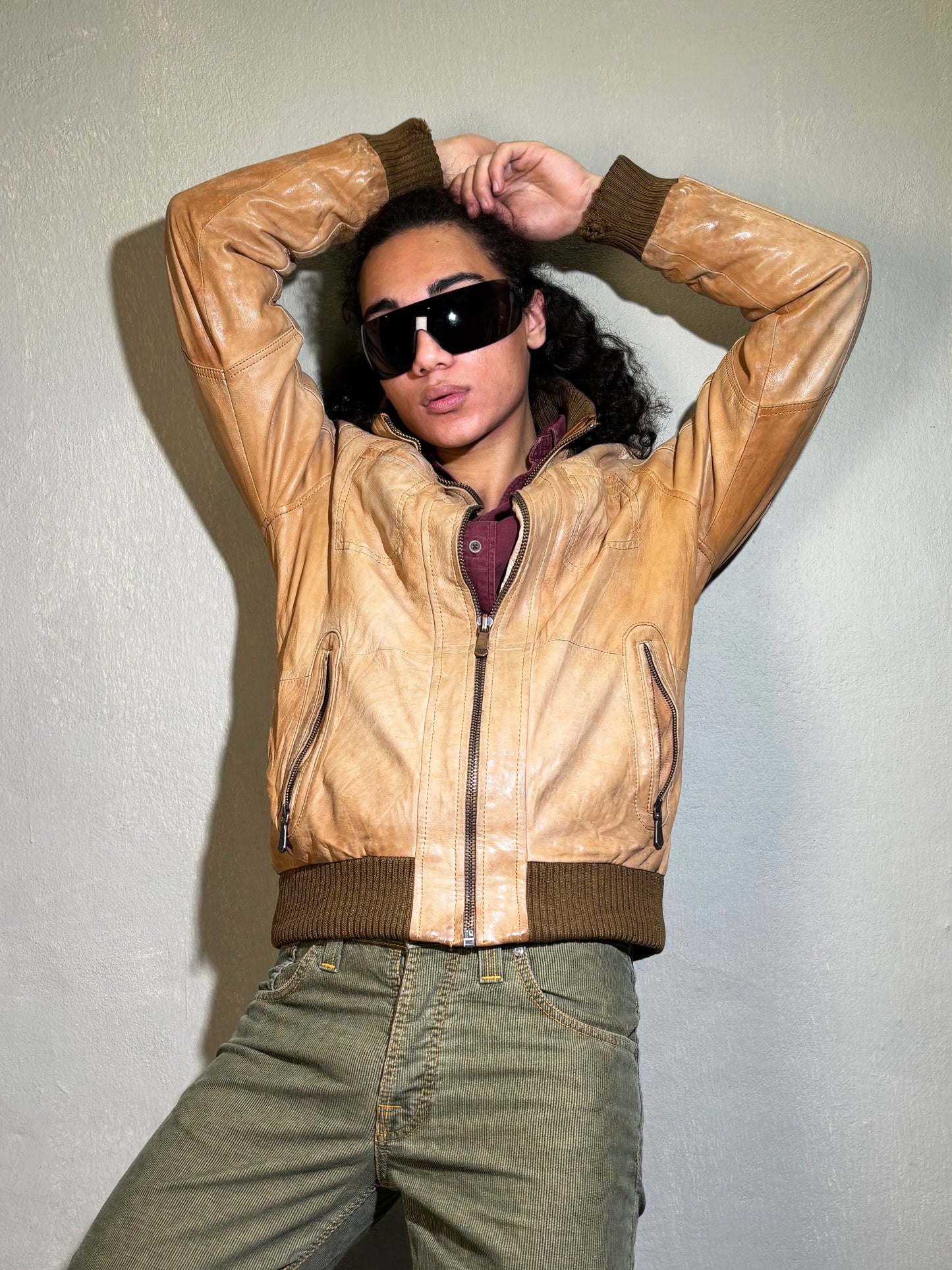 Vintage Beige Leather Bomber Jacket