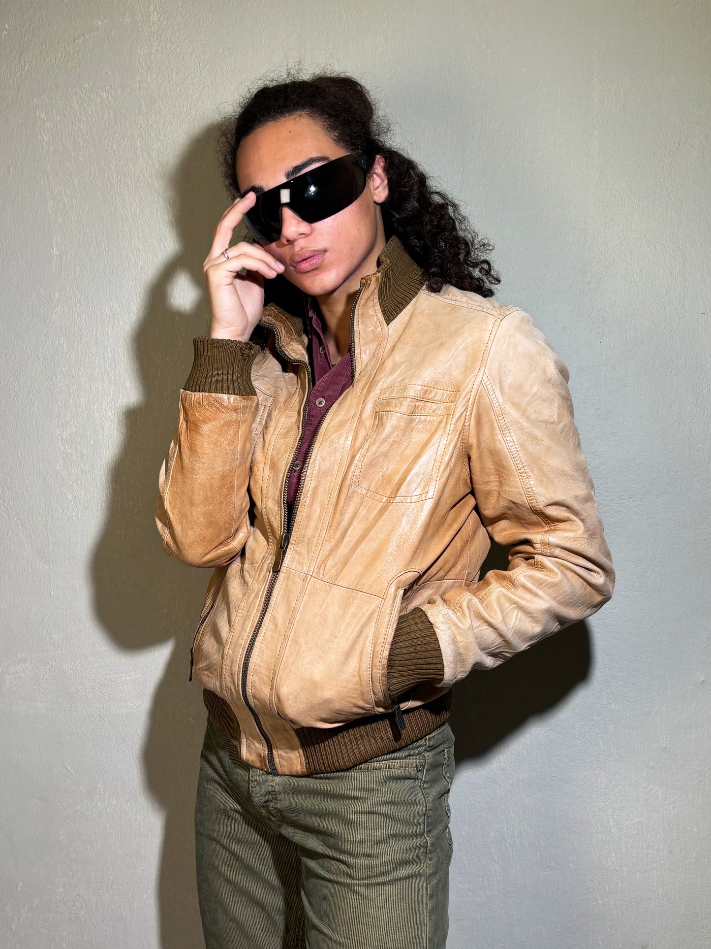 Vintage Beige Leather Bomber Jacket