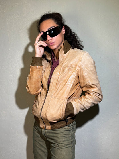 Vintage Beige Leather Bomber Jacket