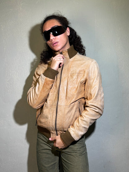 Vintage Beige Leather Bomber Jacket