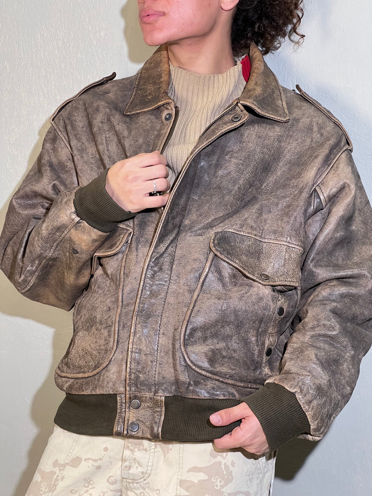 Distressed Genuine Leather Bomber — Heavy 90s Aviation
