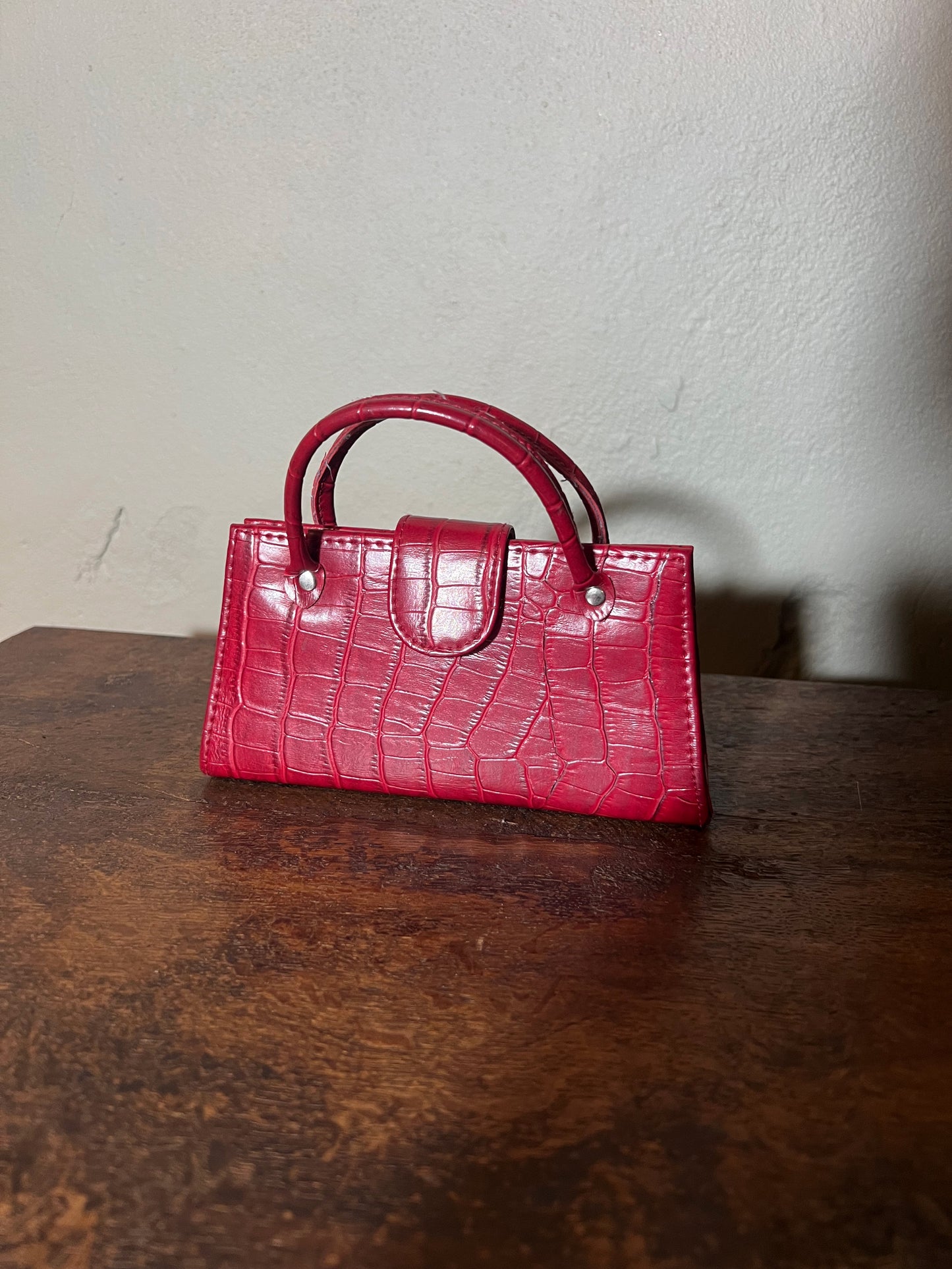 Red Croc-Embossed Mini Top-Handle Bag