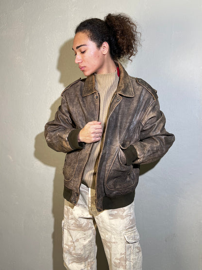 Distressed Genuine Leather Bomber — Heavy 90s Aviation
