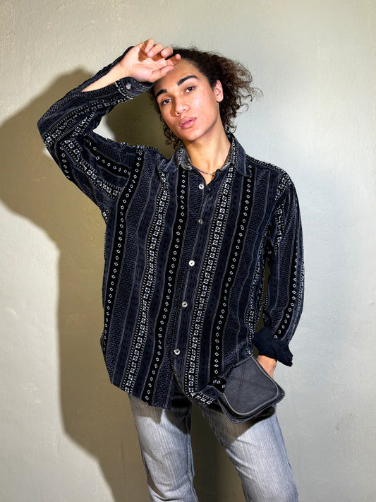 Black Velvet Corduroy Patterned Shirt