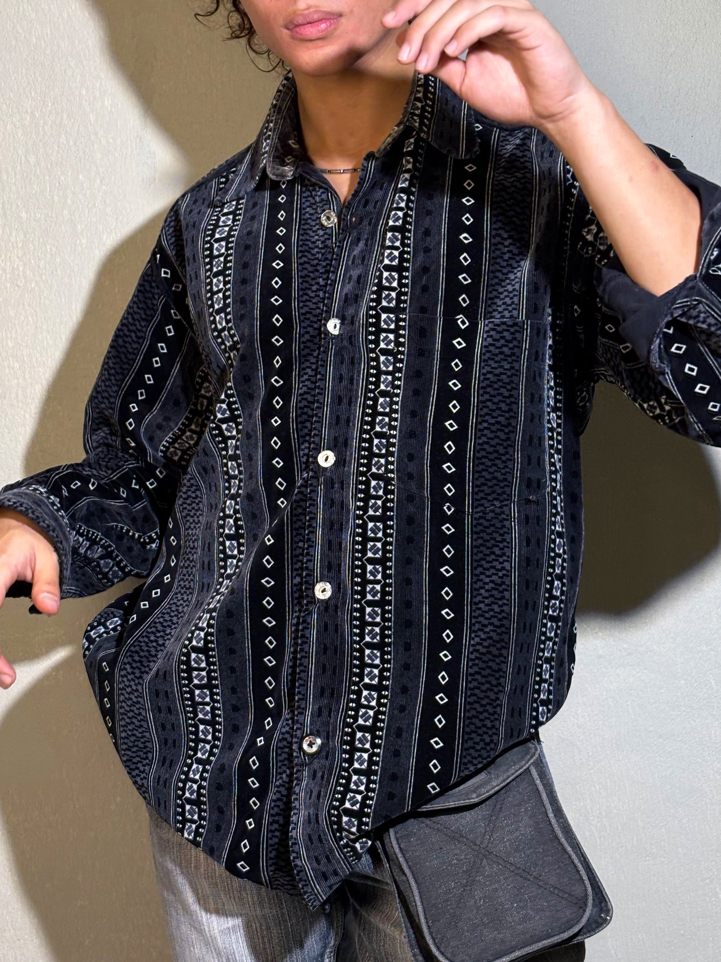 Black Velvet Corduroy Patterned Shirt