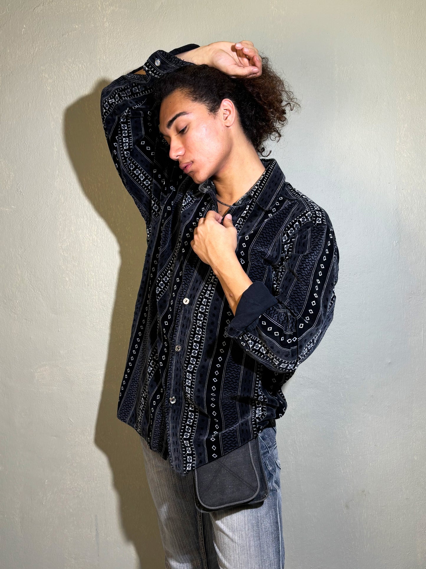 Black Velvet Corduroy Patterned Shirt
