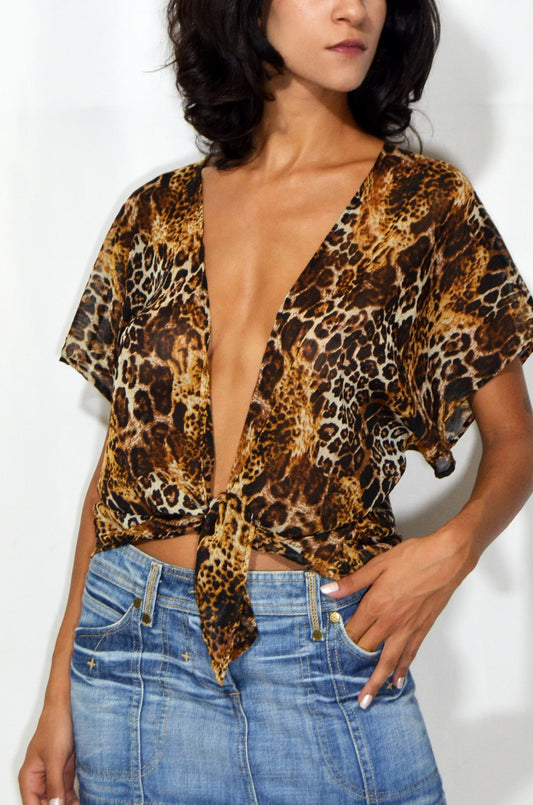 Vintage Leopard Printed Tie-front Blouse