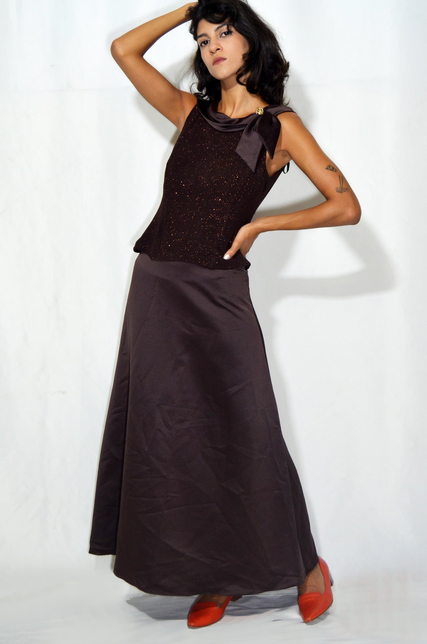 Vintage Brown Flared Sparkly Evening Gown