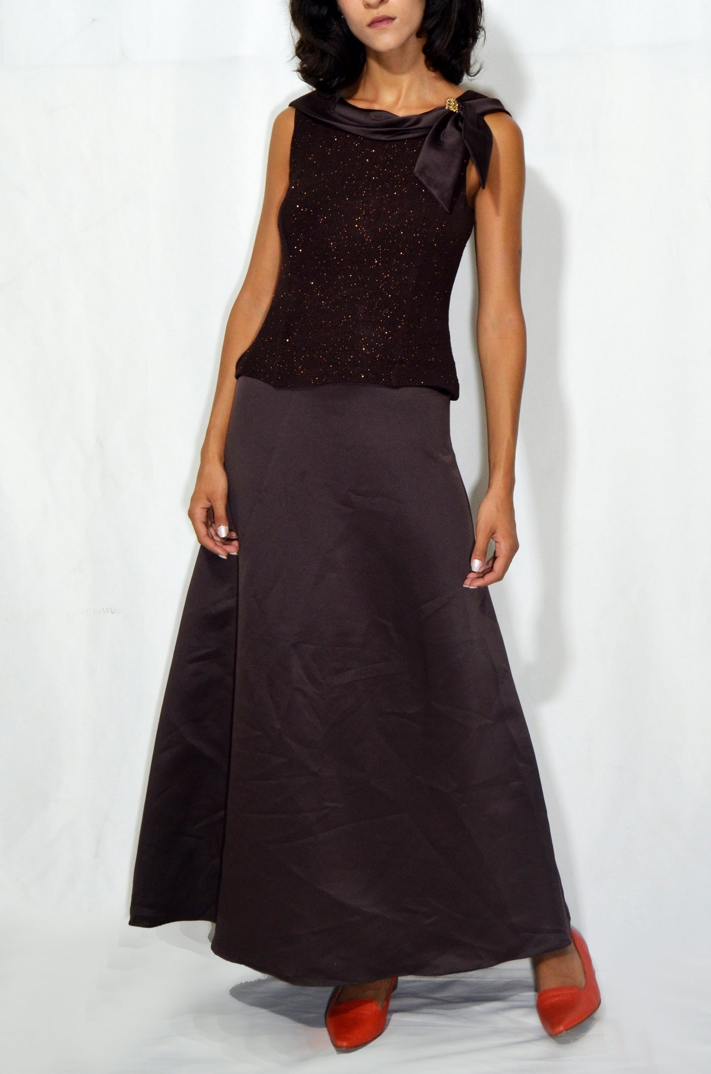 Vintage Brown Flared Sparkly Evening Gown
