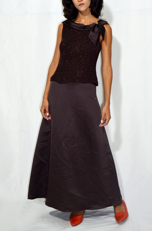 Vintage Brown Flared Sparkly Evening Gown